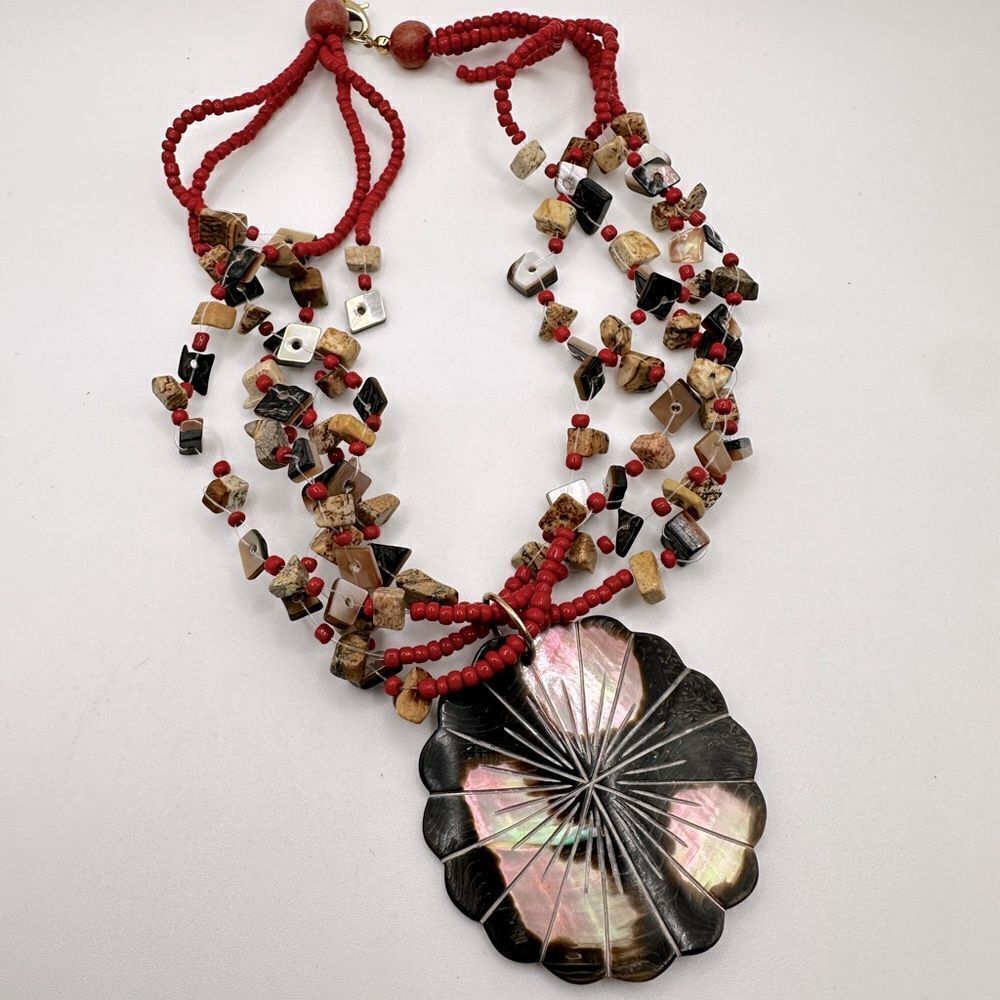 16" stone, seed bead, wood, and shell and with an etched shell pendant necklace!